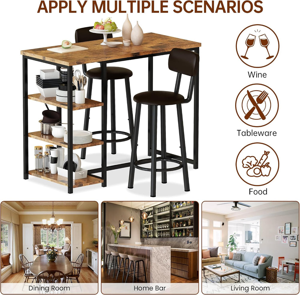 Recaceik Pub Dining Table Set for 2, Table and Bar Stools with 3 Storage Shel...