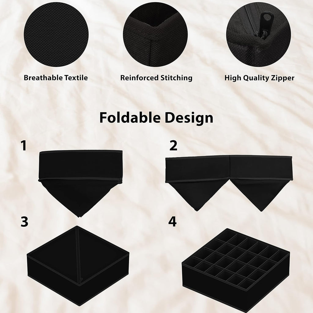 Simple Houseware 4-Pack Drawer Organizer Set - Closet Dividers for Underwear, Socks, Bras, Scarves, Ties - Foldable Non-Woven Storage Boxes, Black