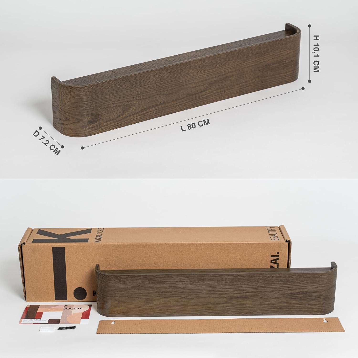 Kazai. Wall-Mounted Coat Rack 'Toke' - Modern Design Coat Rack with Hidden Wall Hooks - Solid Wood Veneer Panel Coat Hanger - Oak, Dark