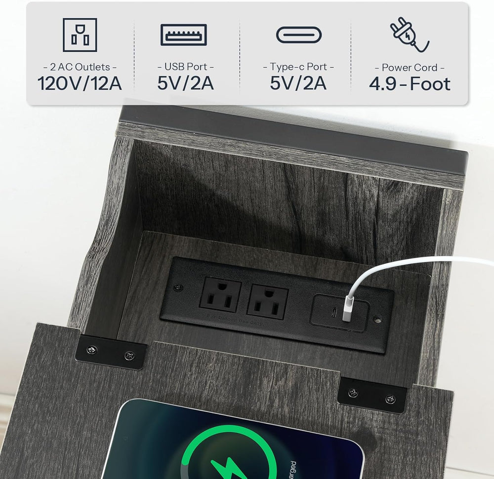HOOBRO End Table with Charging Station, Narrow Side Table, Flip Top Nightstan...