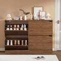 Walnut Hidden Shoe Storage Cabinet for Entryway with 4 Flip Drawers | Slim & Narrow Design Saves Space, Adjustable Shelves Fit Various Shoes, Ventilation Reduces Odors, Anti-Tip Safety