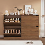 Walnut Hidden Shoe Storage Cabinet for Entryway with 4 Flip Drawers | Slim & Narrow Design Saves Space, Adjustable Shelves Fit Various Shoes, Ventilation Reduces Odors, Anti-Tip Safety