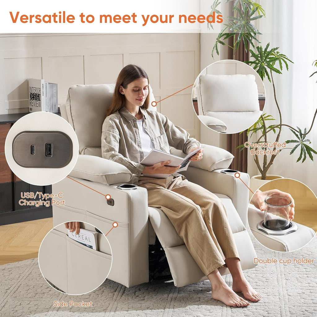 270° Swivel Rocker Recliner with Adjustable Armrests,Oversized Power Nursery Recliner with USB Port,Rocking Chair Nursery with One-Touch Reset,Double Cup Holder,Faux Leather,Beige