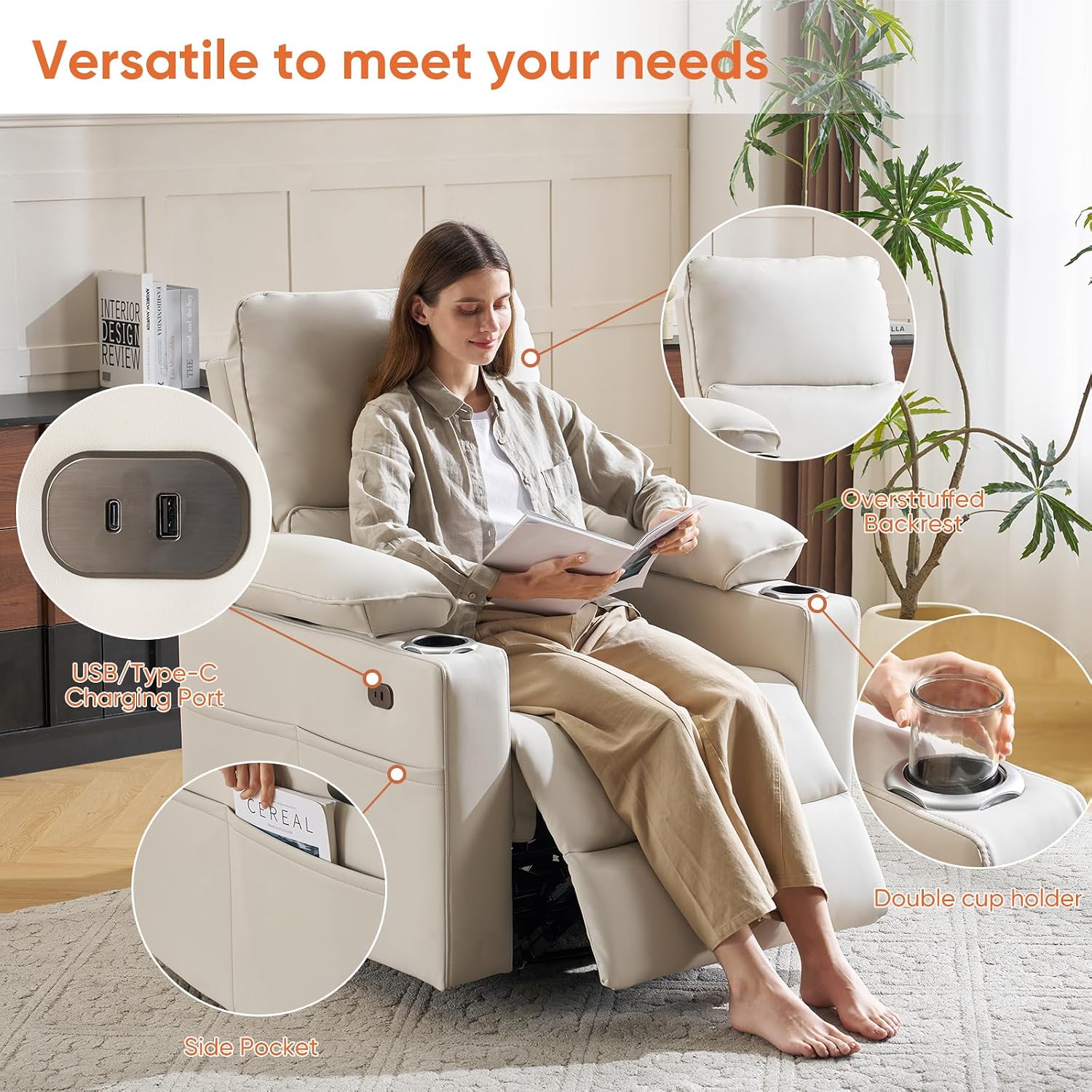270° Swivel Rocker Recliner with Adjustable Armrests,Oversized Power Nursery Recliner with USB Port,Rocking Chair Nursery with One-Touch Reset,Double Cup Holder,Faux Leather,Beige