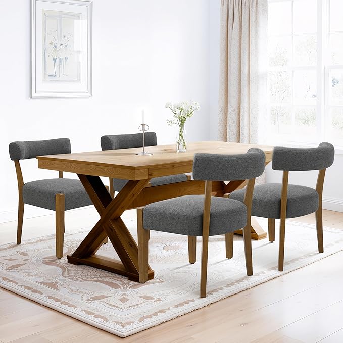Modern Dining Chairs Set of 4, Walnut Upholstered Kitchen & Dining Room Chairs, Mid Century Wooden Dining Chairs Oversized Sturdy Fabric Rounded Chairs Curved Back, Dark Grey