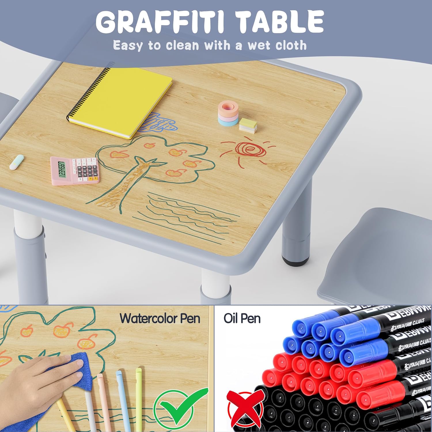 Brelley Kids Table and 2 Chairs Set, Height Adjustable Toddler Desk and Chair Set, Graffiti Desktop, Classroom/Daycare/Home, Children Multi-Activity Table for Ages 3-8