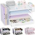 gianotter Wood Desk Organizers and Accessories with File Holder, 4-Tier Desk Accessories & Workspace Organizers with Drawer and Pen Holder, Paper Organizer for Office Supplies (White)
