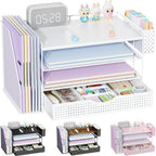 gianotter Wood Desk Organizers and Accessories with File Holder, 4-Tier Desk Accessories & Workspace Organizers with Drawer and Pen Holder, Paper Organizer for Office Supplies (White)