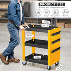 3 Tier Rolling Tool Cart on Wheels, Mechanic Storage Organizer, Rolling Work Cart with Pegboard for Garage, Workshop, Warehouse (Black&Yellow)