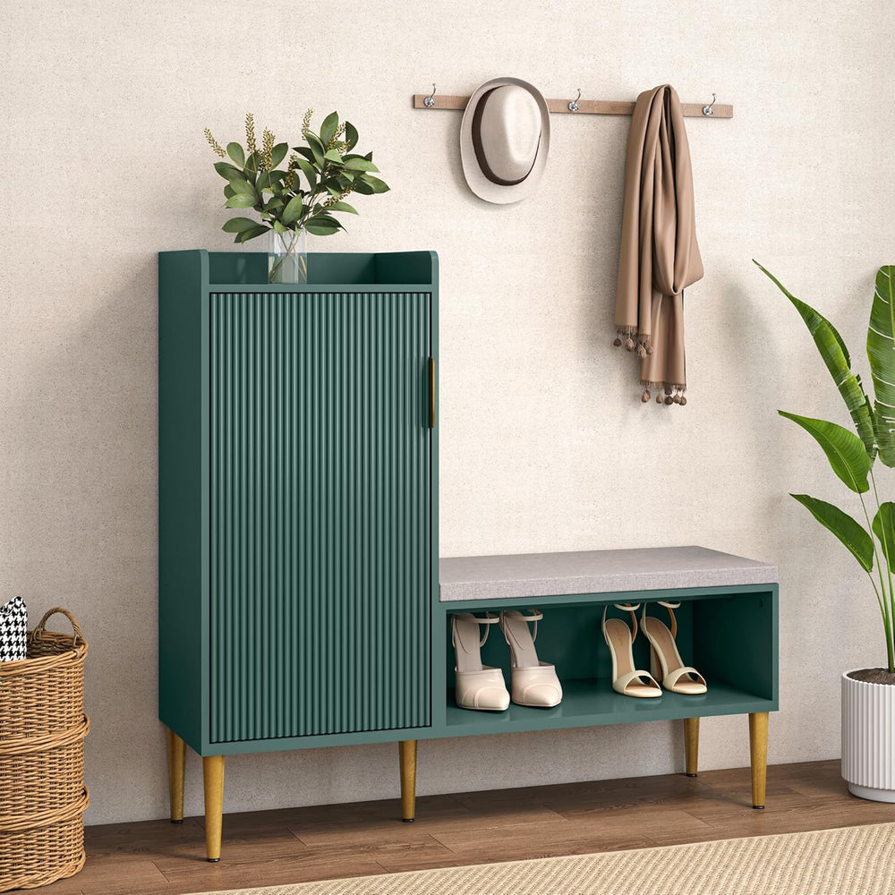 Storage Bench with Fluted Door&Shelf, Modern Entryway Bench with Padded S...