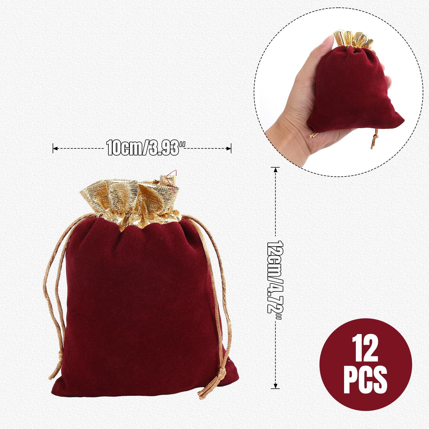 Velvet Bags Drawstring，4x4.7Inch Jewelry Gift Bags with Drawstring（12pcs，Golden Claret）