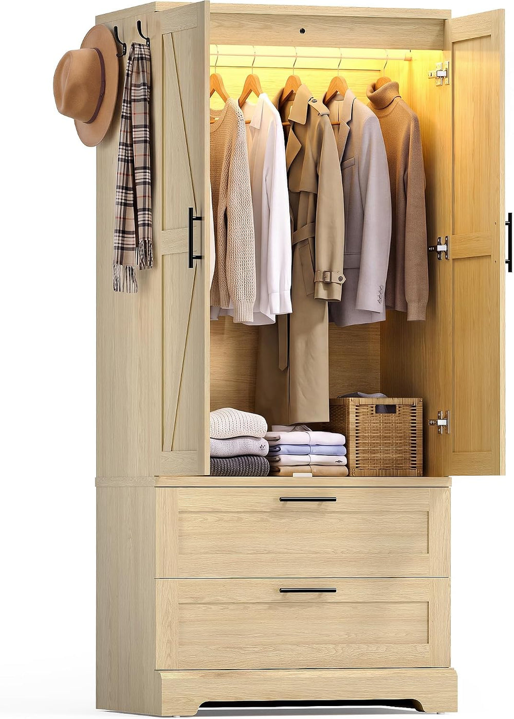 YESHOMY 70.9" Wardrobe Closet with Sensor Light, 2 Drawers (Oak)