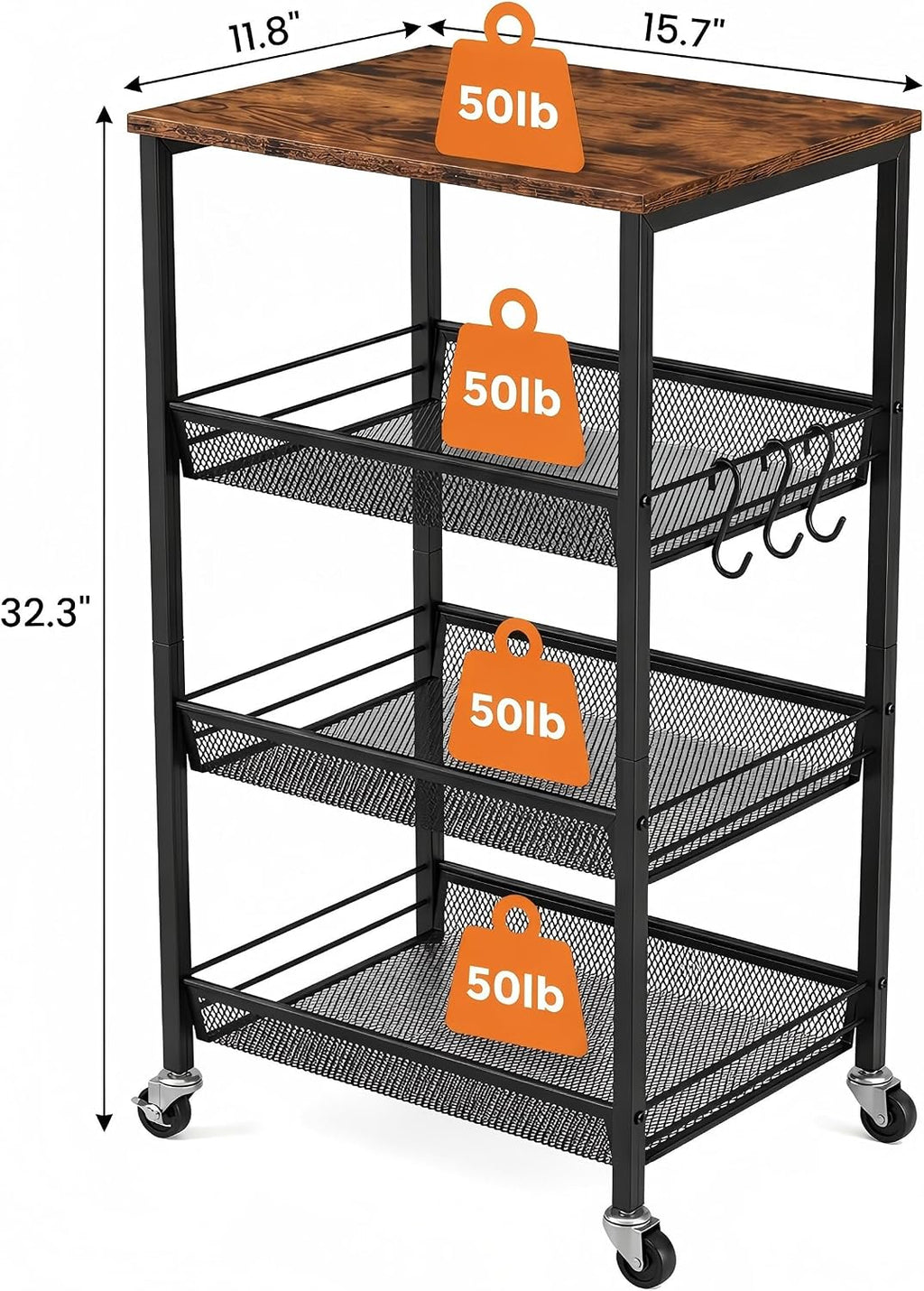 Homleke 4-Tier Rolling Kitchen Storage Cart, Utility Cart with Wooden Tabletop & Metal Baskets, Fruit Vegetable Basket for Kitchen, 3-S Hooks, Rustic Brown and Black