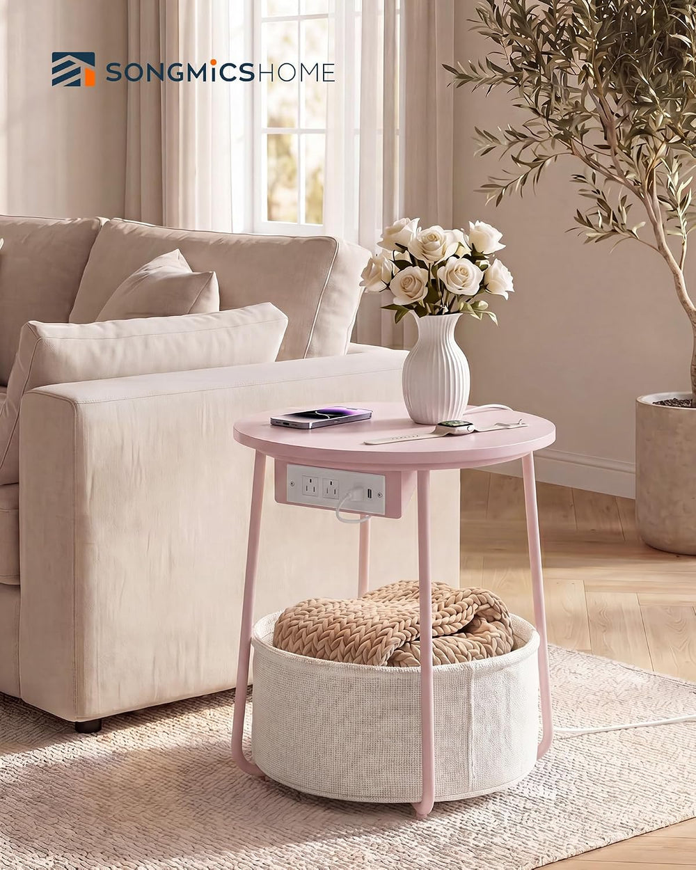 SONGMIC HOME Round Side End Table, Nightstand with Charging Station and Fabri...