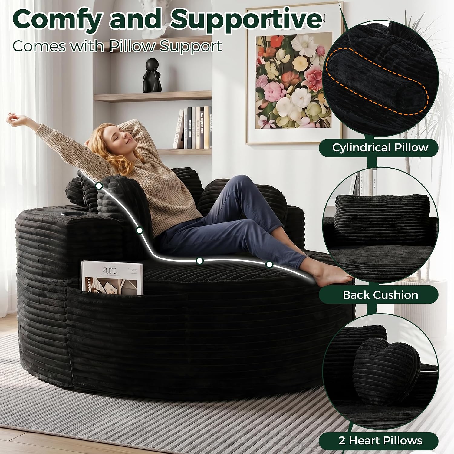 56''Oversized Round Chair Lounge Chaise Indoor with Cup Holders & Side Pocket, Corduroy Cloud Circle Single Boneless Deep Seat Chair, Modern Comfy Floor Sofa with Heart Pillows for Living Room,Bedroom
