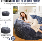 5FT Bean Bag Chair, Giant Bean Bag Chairs with Memory Foam Filled, Bean Bag Chairs for Adults with Corduroy Cover, Ultra Soft Lazy Sofa for Living Room Bedroom (Grey)