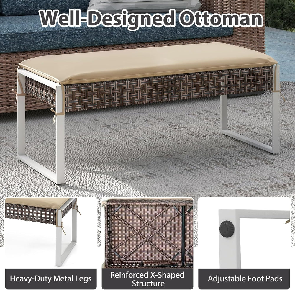RELAX4LIFE Wicker Outdoor Ottoman Footstool - Rattan Patio Foot Rest for 2 w/...