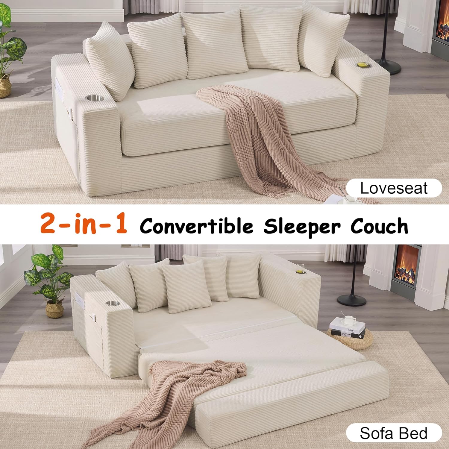 76" Convertible Sofa Bed, Corduroy Boneless Couch with Cup Holders & Pocket | 2-in-1 Sleeper Sofa, Pull-out Couch Bed with 5 Pillows, Living Room, Small Spaces, Bedroom, No Assembly