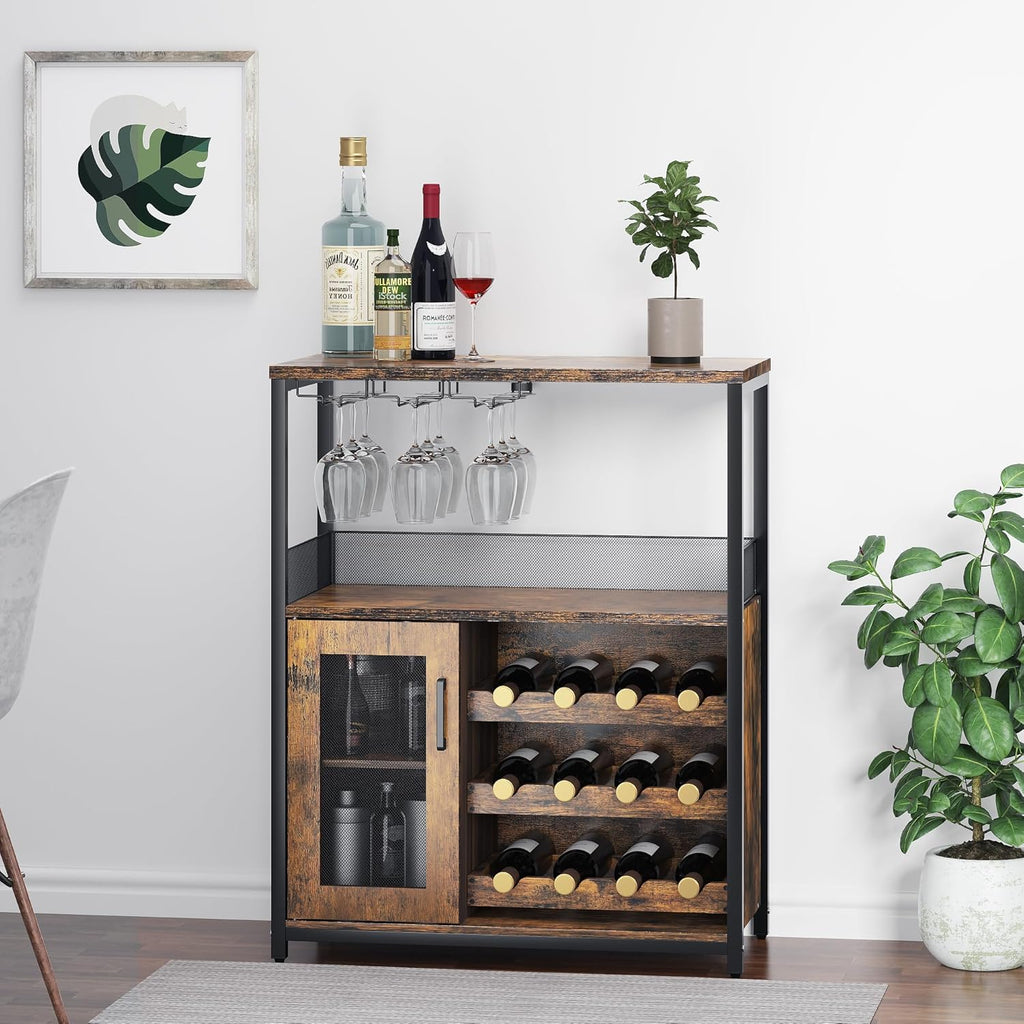 IDEALHOUSE 3-Tier Wine Bar Cabinet with Detachable Wine Rack and Drawer, Industrial Sideboard and Buffet Cabinet with Glass Holder and Mesh Door, Rustic Brown