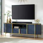 OKD Luxury 70" Fluted TV Stand, Modern Chic Entertainment Center for TVs Up to 80 inches, TV Console with Faux Marble Top, Curved Profile Design, Media Console for Living Room, Navy Blue