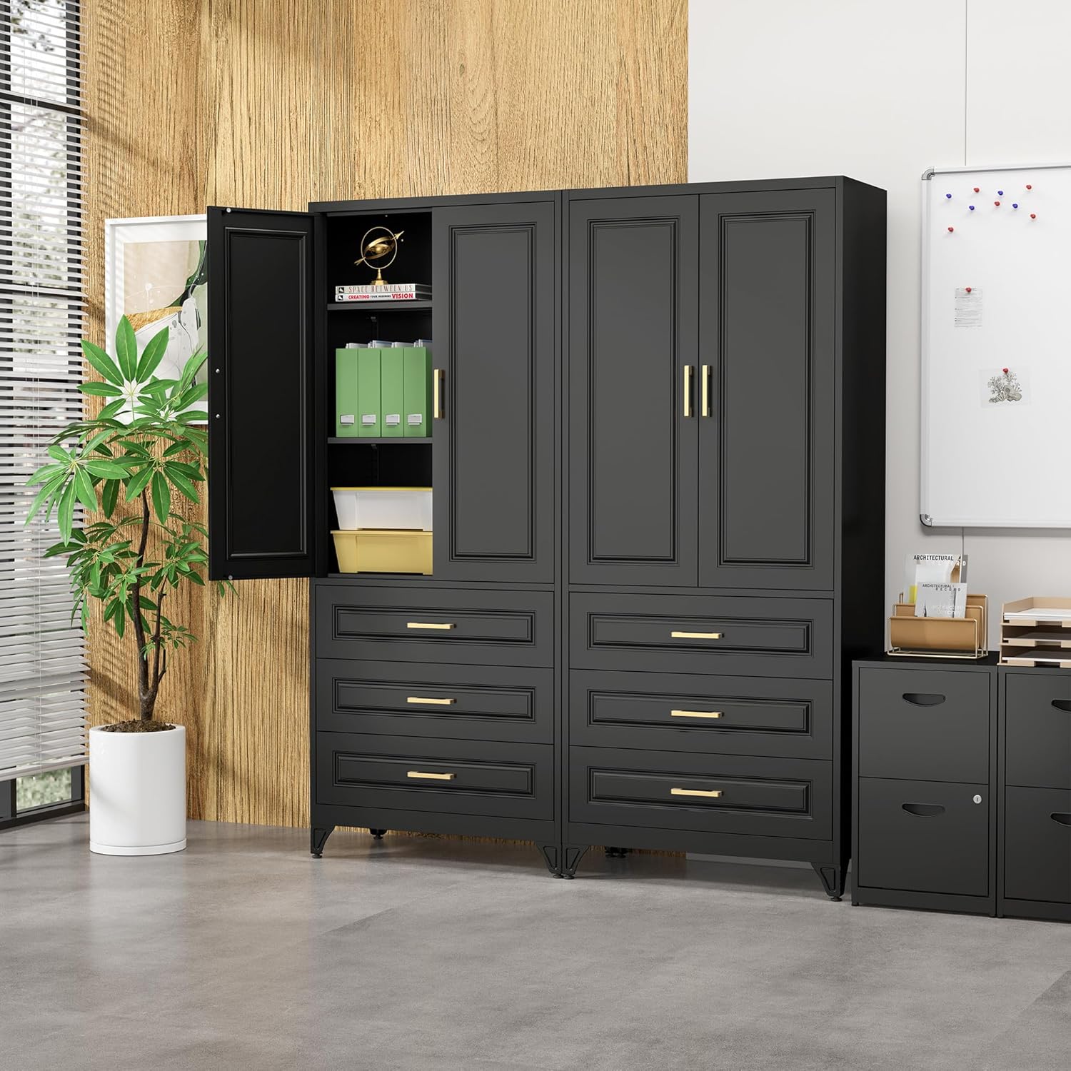 SteeLoong 75" Kitchen Pantry Cabinet with 3 Drawers,Metal Storage Cabinets with Doors and 2 Adjustable Shelves,Black Kitchen Cabinet with 2 Gold Handles,Food Cupboard for Livingroom, Bathroom,Pantry
