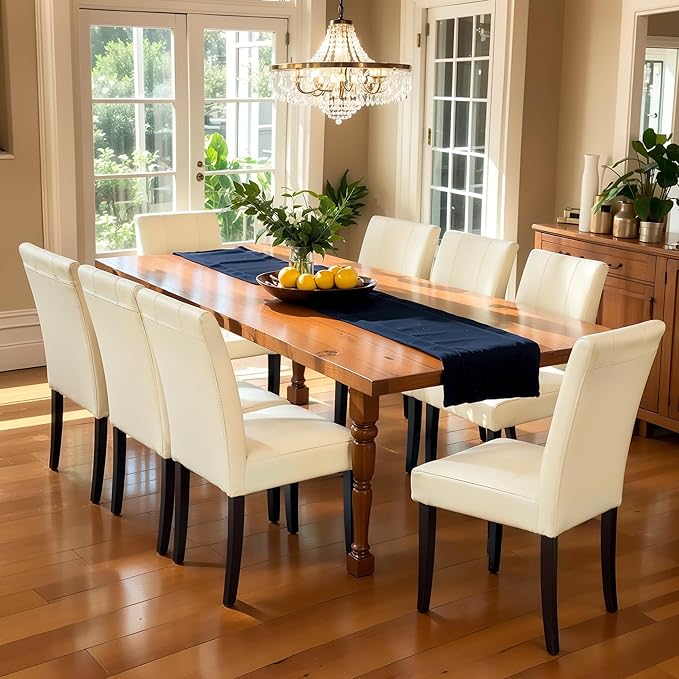 CHUN YI Dining Chairs Set of 8, Faux Leather Dining Room Chairs, High Back Upholstered Parsons Chairs for Dining Room Kitchen Side Chair with Sturdy Wood Legs, Cream