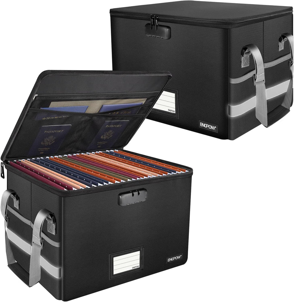 ENGPOW File Box with Lock, Fireproof Document Box with Pockets, Collapsible File Organizer Filing Storage Cabinet with Handle, Portable Home Office Safe for Hanging Letter/Legal Folders,Black,2 Pack