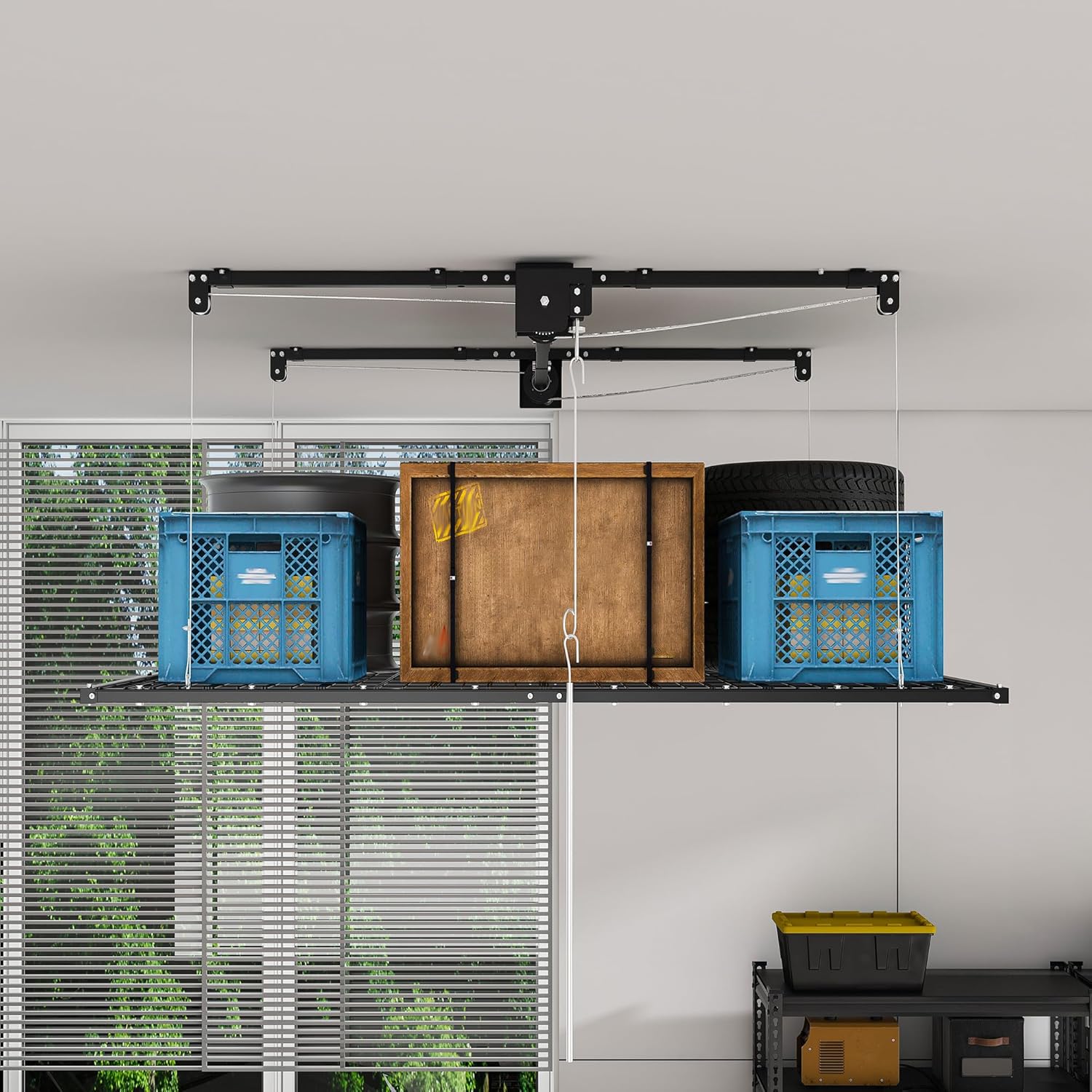 4x8 FT Overhead Garage Storage Rack for High Ceilings 10-12 FT, 350Lbs Heavy-duty Steel Garage Ceiling Rack with Safety Lock, Ideal for Overhead Storage Mounted Lift System and Garage Organizer