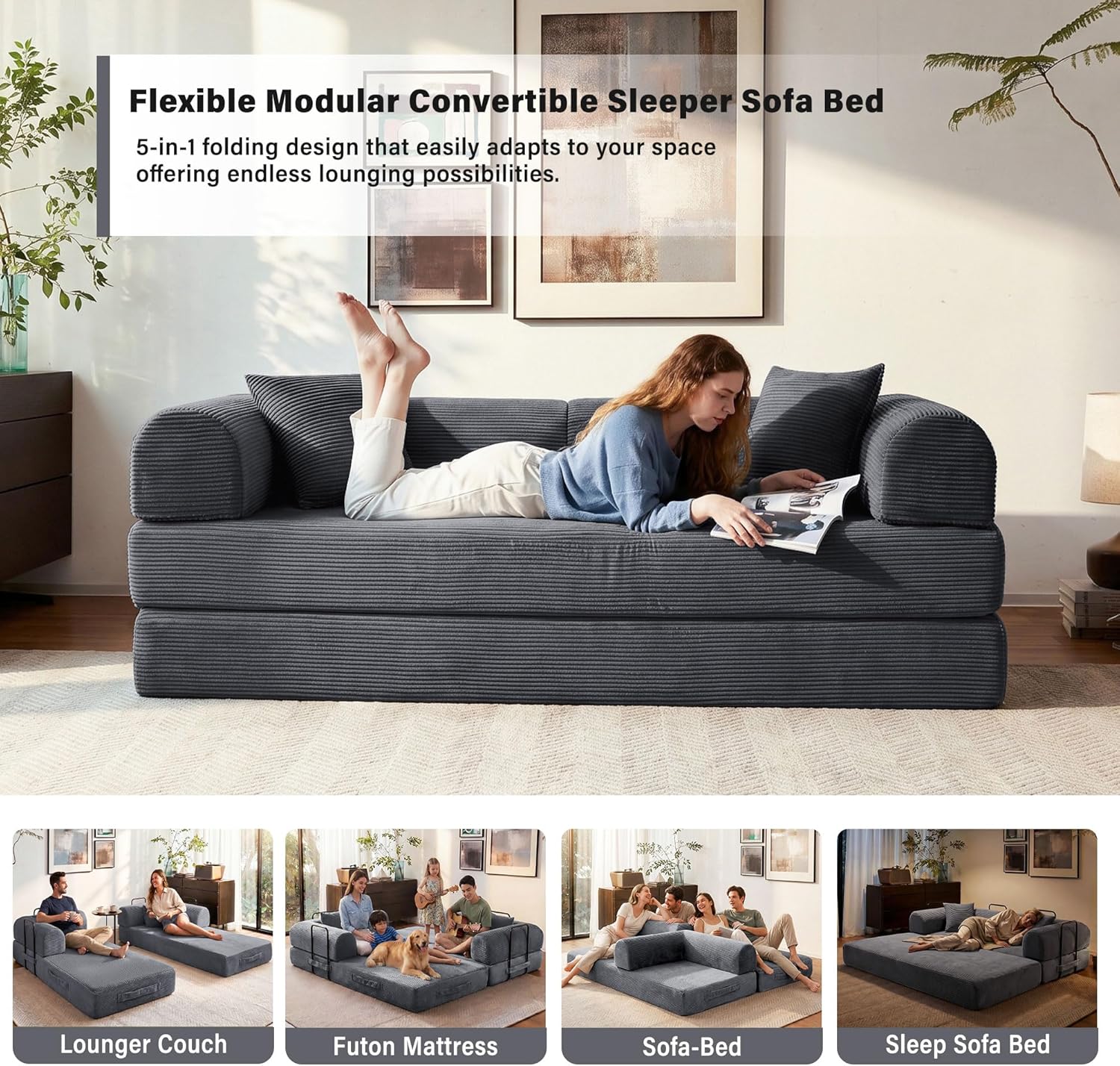 79" Convertible Sofa Bed, Boneless Sleeper Futon Couch for Living Room | 5-in-1 Sleeper Sofa, Boneless Pull Out Couches with Soft Corduroy, No Assembly Required, Apartment Friendly, Dark Grey