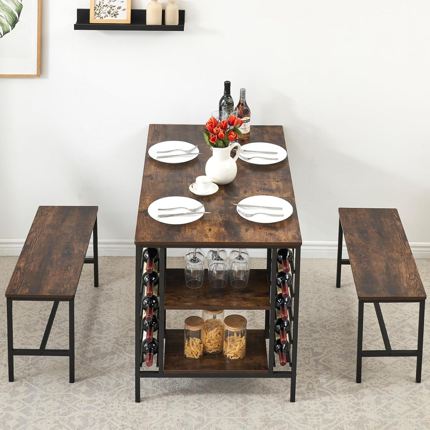 Garvee Dining Table Set for 4, Kitchen Table Set for 4 with 2 Benches, 3 Piece Dining Room Table Set for Small Space Apartment, Retro Brown
