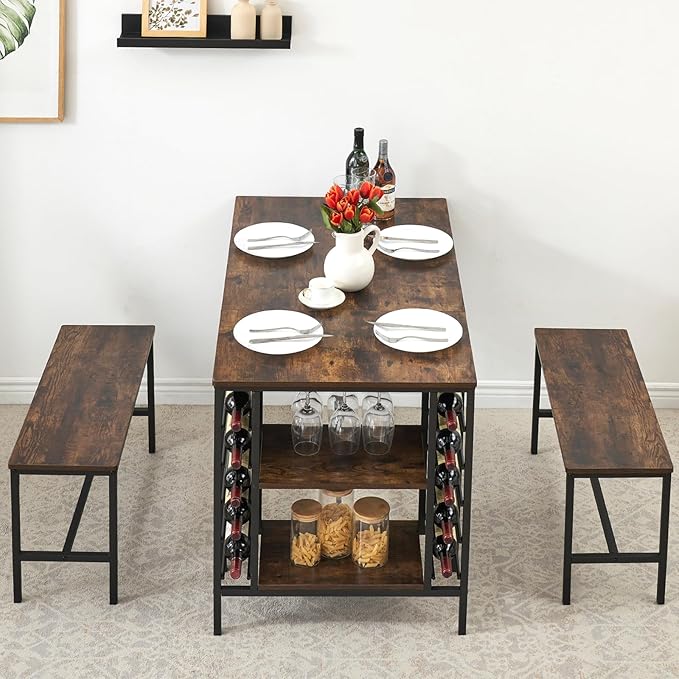 Garvee Dining Table Set for 4, Kitchen Table Set for 4 with 2 Benches, 3 Piece Dining Room Table Set for Small Space Apartment, Retro Brown