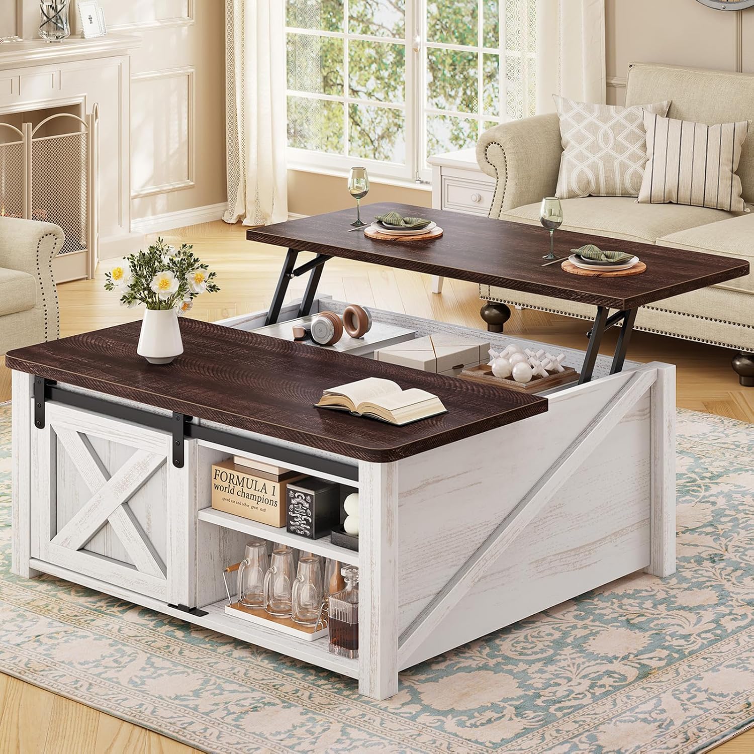 SEDETA 31.5" Lift Top Coffee Table with Storage, Square Coffee Tables for Living Room, Farmhouse Coffee Table with Large Hidden Storage Compartment and Adjustable Shelves, Vintage White