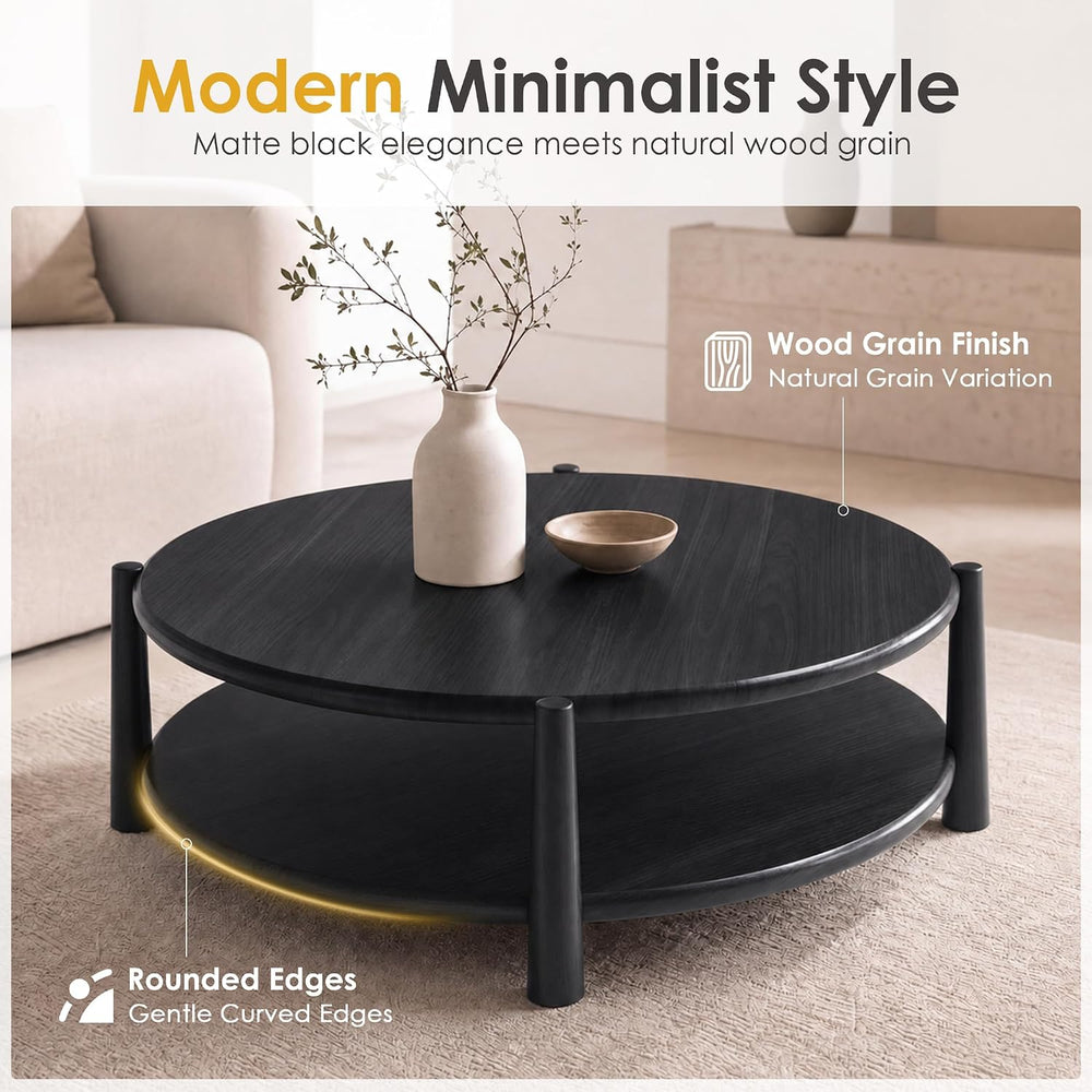 Black Round Coffee Table with Open Storage Shelf