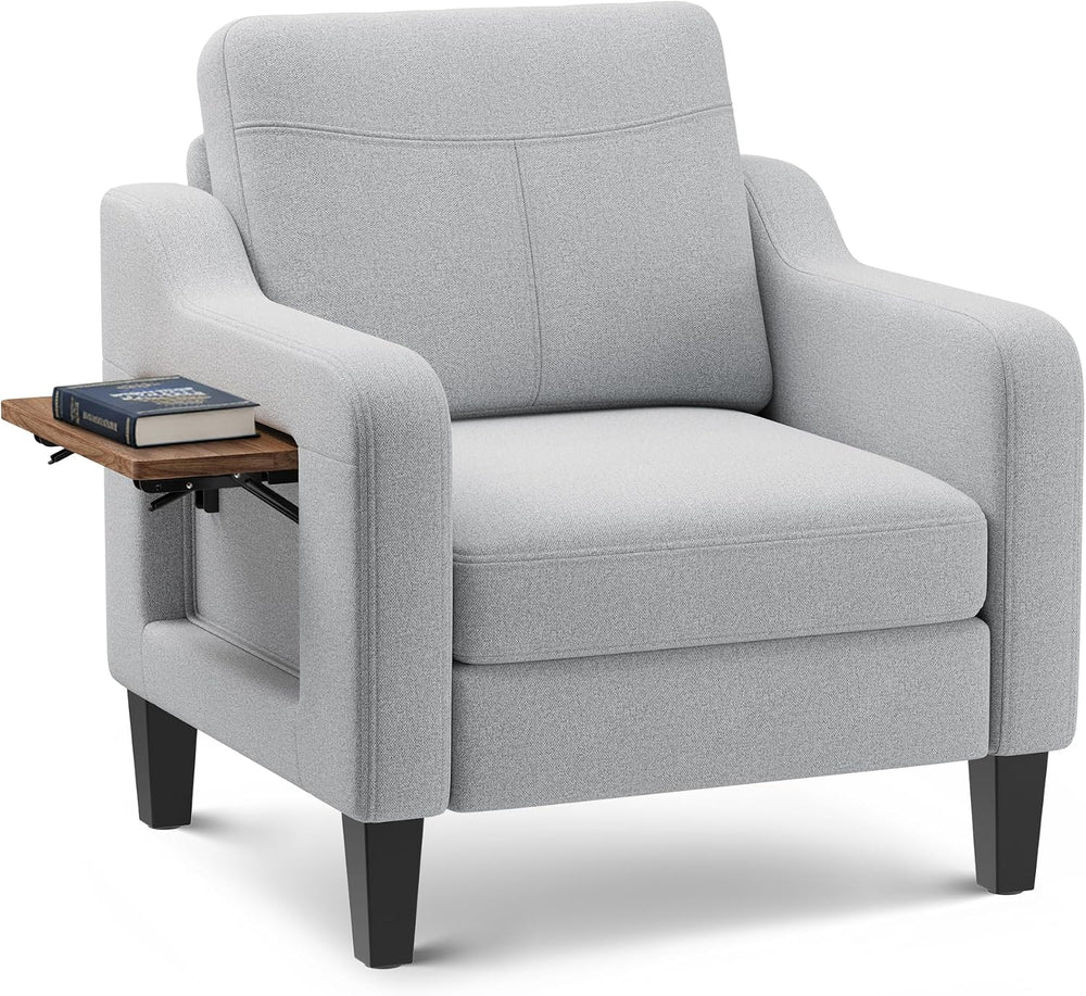 Upholstered Accent Chair with Foldable Side Table for Living Room | 2 Side Po...
