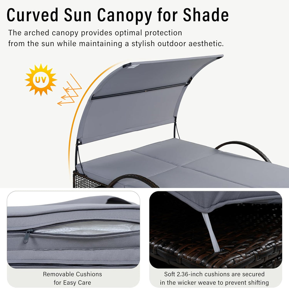 Outdoor Sun Lounger with Adjustable Backrest,Canopy, Patio Double Sunbed with...