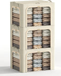 3 Opeings Large Clothes Storage Bins with Metal Frame, Foldable Storage Bin for Clothes, Clothing Storage Bins with Lid, Linen Storage Box With Clear Window＆ Zippers＆ Durable Handles.(3 Pcs,Beige,66L)