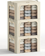 3 Opeings Large Clothes Storage Bins with Metal Frame, Foldable Storage Bin for Clothes, Clothing Storage Bins with Lid, Linen Storage Box With Clear Window＆ Zippers＆ Durable Handles.(3 Pcs,Beige,66L)