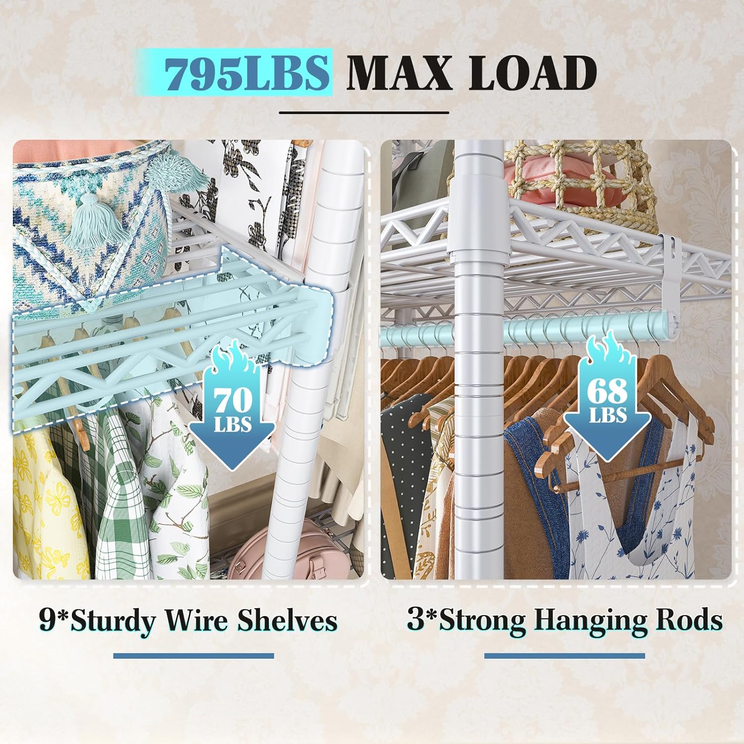 Raybee Clothes Rack Heavy Duty Load 795LBS Adjustable Clothing Racks for Hanging Clothes Garment Rack, 56" W X16 D X 75.5" H White