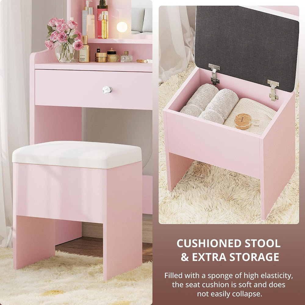 LIKIMIO Small Vanity Desk with Mirror Lights and Storage Stool, Pink | Vanity...