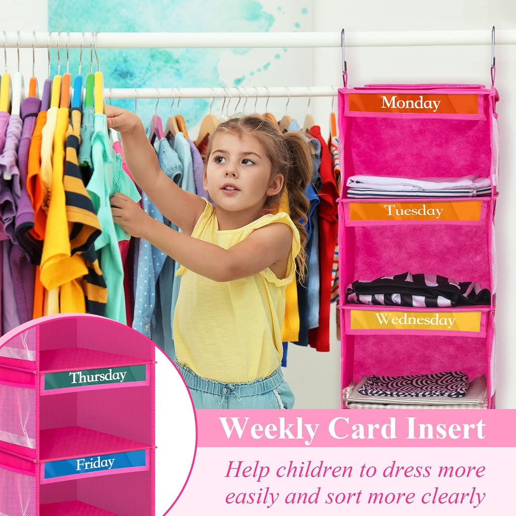 2 Pcs 6 Shelf Hanging Weekly Clothes Organizer for Kid,Rose Red | Closet Organization, Hanging Closet Shelves with Side Pockets, Labeled Shelves with Days of The Week Monday Through Weekend