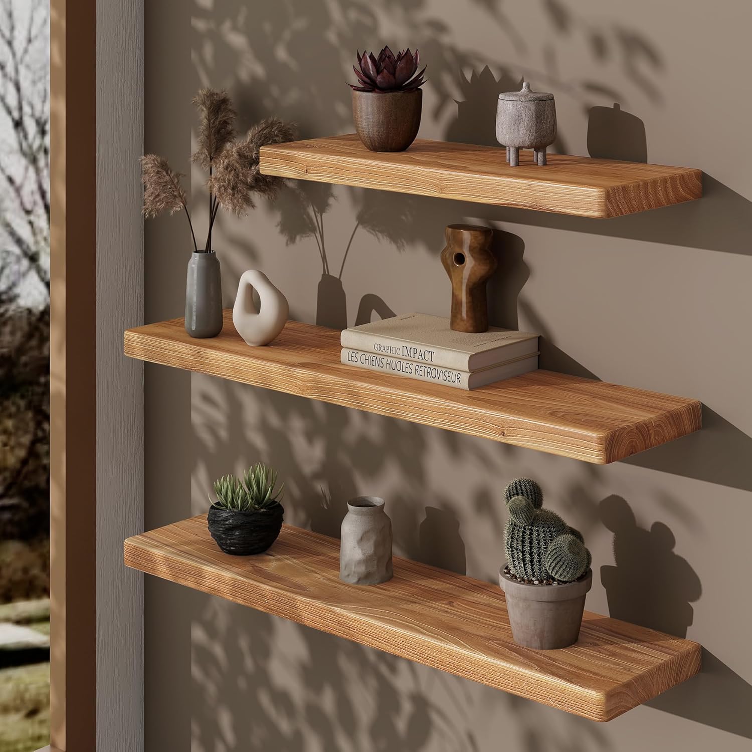 36" Rustic Elm Wood Floating Shelves, 8 Inch Deep Wall Shelves for Home Decor, Wall Mounted Floating Shelf with Invisible Bracket, Heavy-Duty Storage & Display Shelf for Living Room, Kitchen, Set of 2