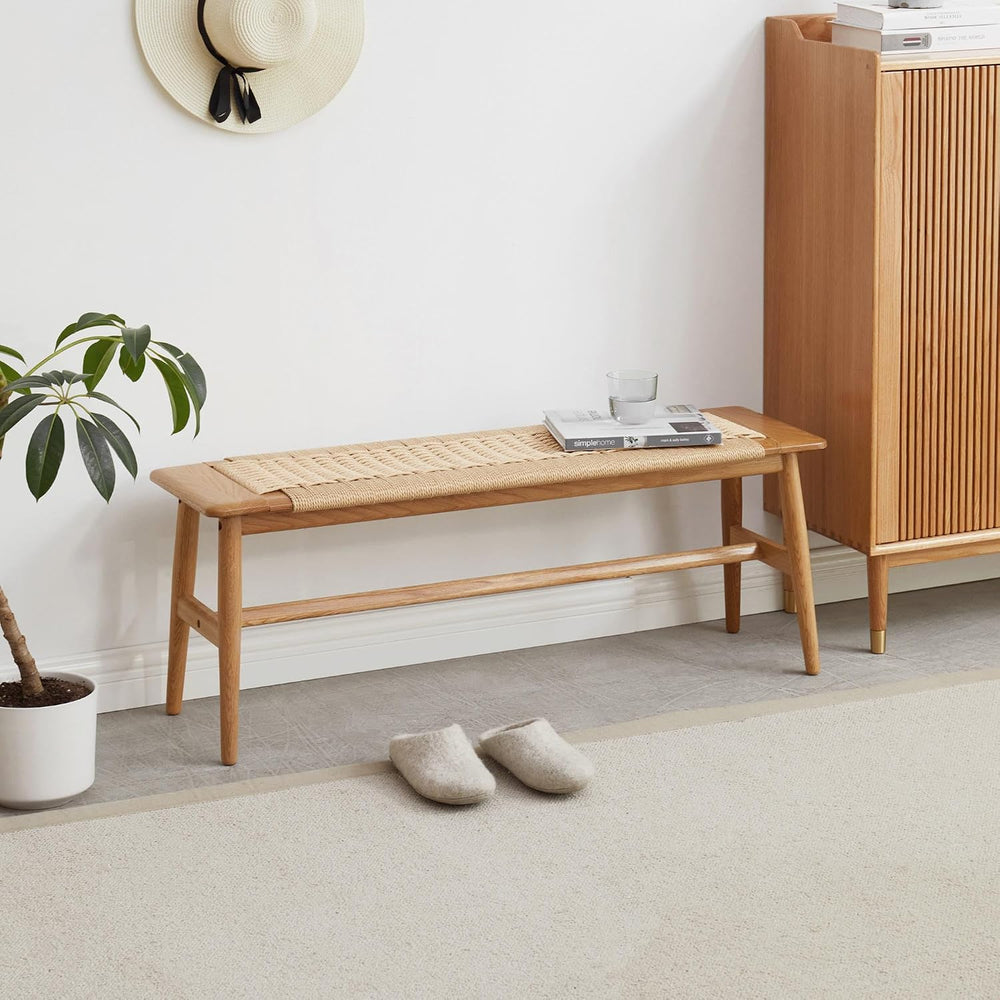 47.24" Natural Oak Wood Dining Bench with Woven Cane Seat Solid Wood Ent...