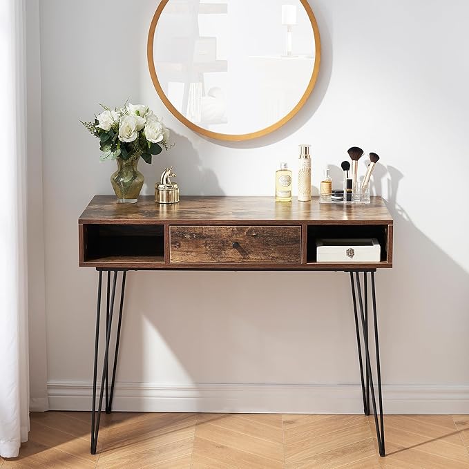 VECELO 39.3" Home Office Work Table with Drawers,Computer Desk with Hairpin Legs for Writing/Study,Rustic Brown