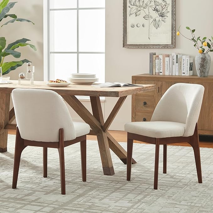 VKNOW Modern Dining Chairs, Fabric Kitchen Chairs with Wood Legs and Padded Seats, Upholstered Side Chair for Kitchen Dining Room (Fabric, Linen Color, Set of 2)