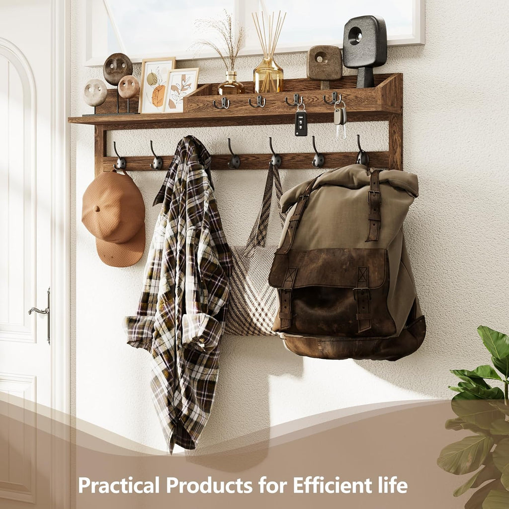 AMBIRD Coat Rack Wall Mount, 35 inch Large Wall Hooks with Shelf, Entryway Shelf with 7 Dual Coat Hooks 4 Key Hooks Mail Organizer, Wooden Coat Hanger and Key Holder Wall Mount