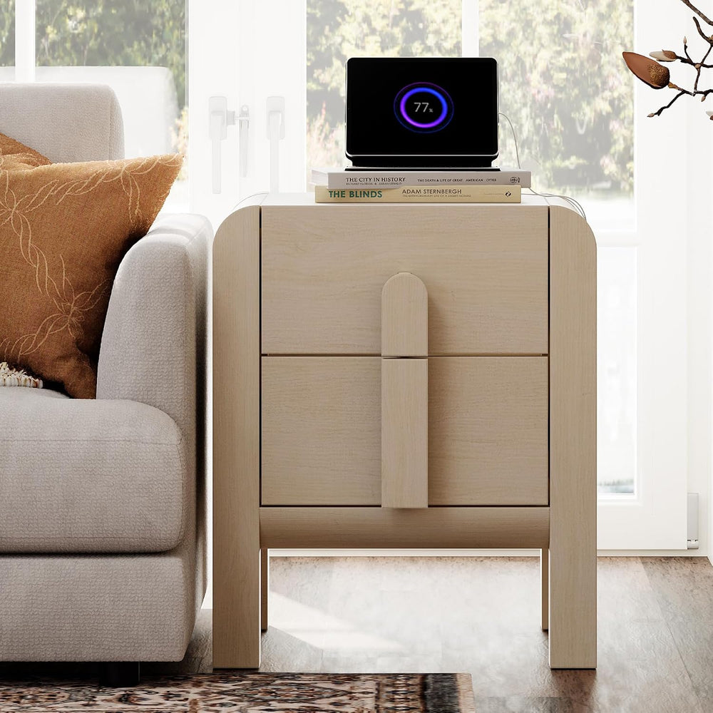 WAMPAT 23.7" Tall Beige Nightstand with Charging Station, Modern Mid Cen...