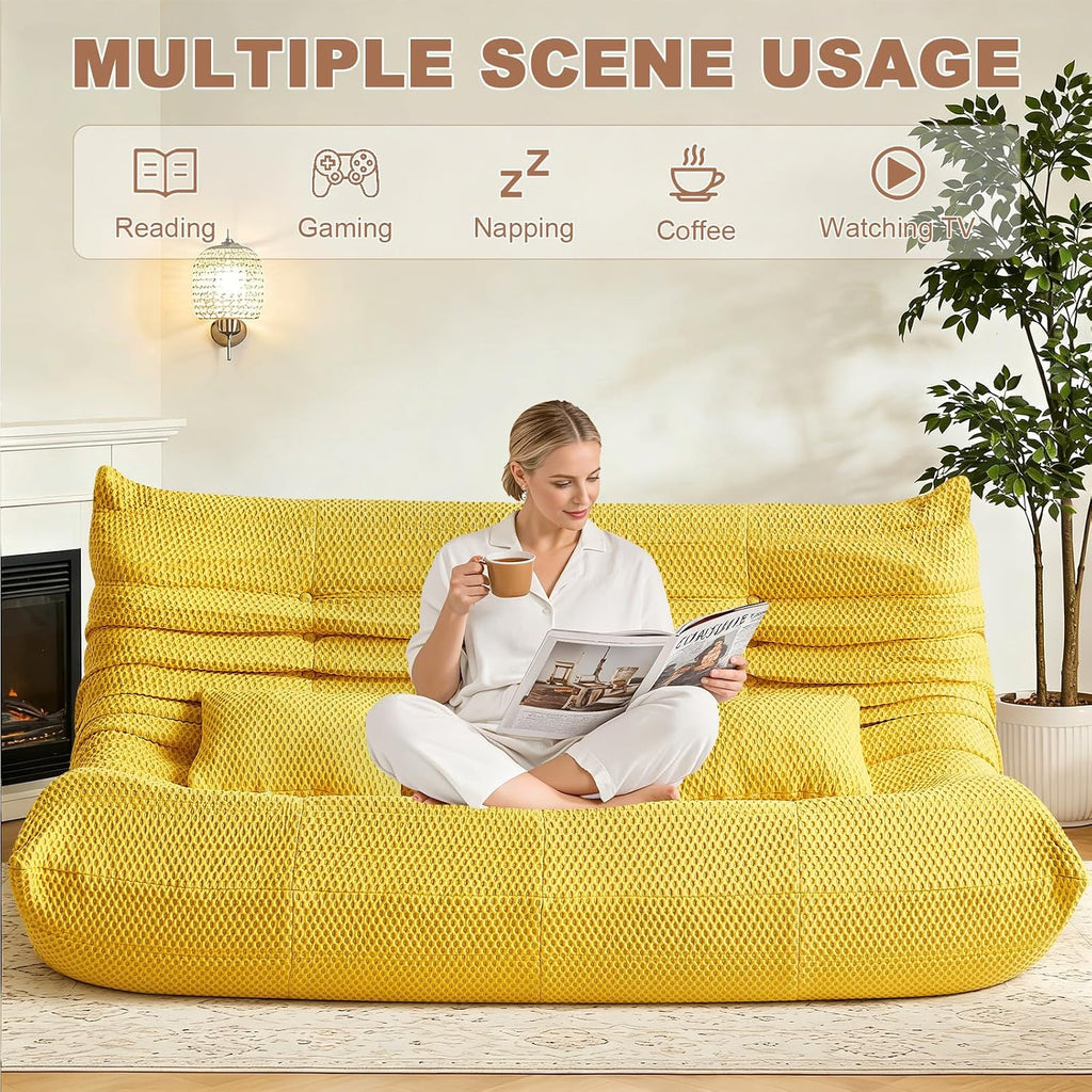 Bean Bag Chair for Adults - Large Bean Bag with Three Pillows, Oversized Boneless Chair with High-Rebound Memory Foam, Lazy Floor Sofa for Reading, Living Room, Bedroom (3-Seater, Yellow)