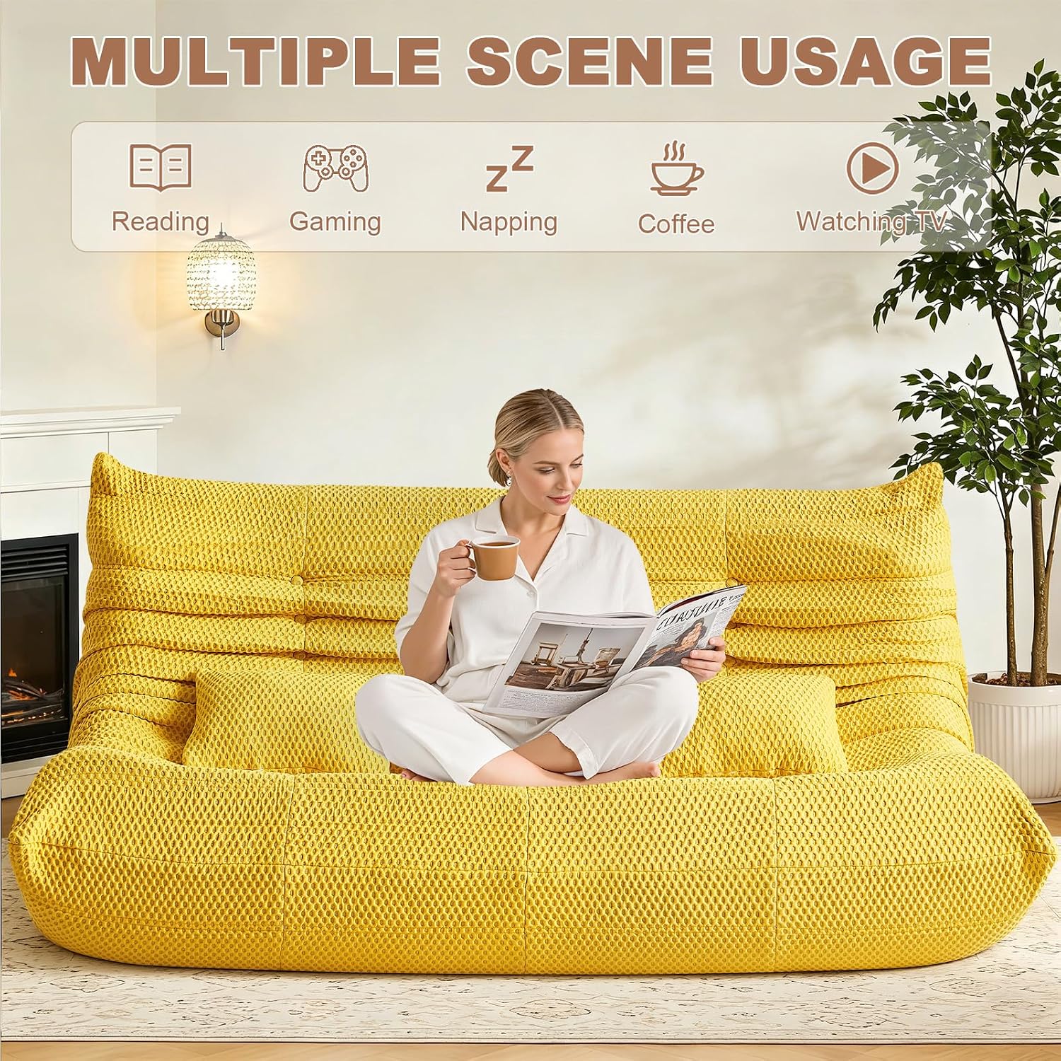 Bean Bag Chair for Adults - Large Bean Bag with Three Pillows, Oversized Boneless Chair with High-Rebound Memory Foam, Lazy Floor Sofa for Reading, Living Room, Bedroom (3-Seater, Yellow)