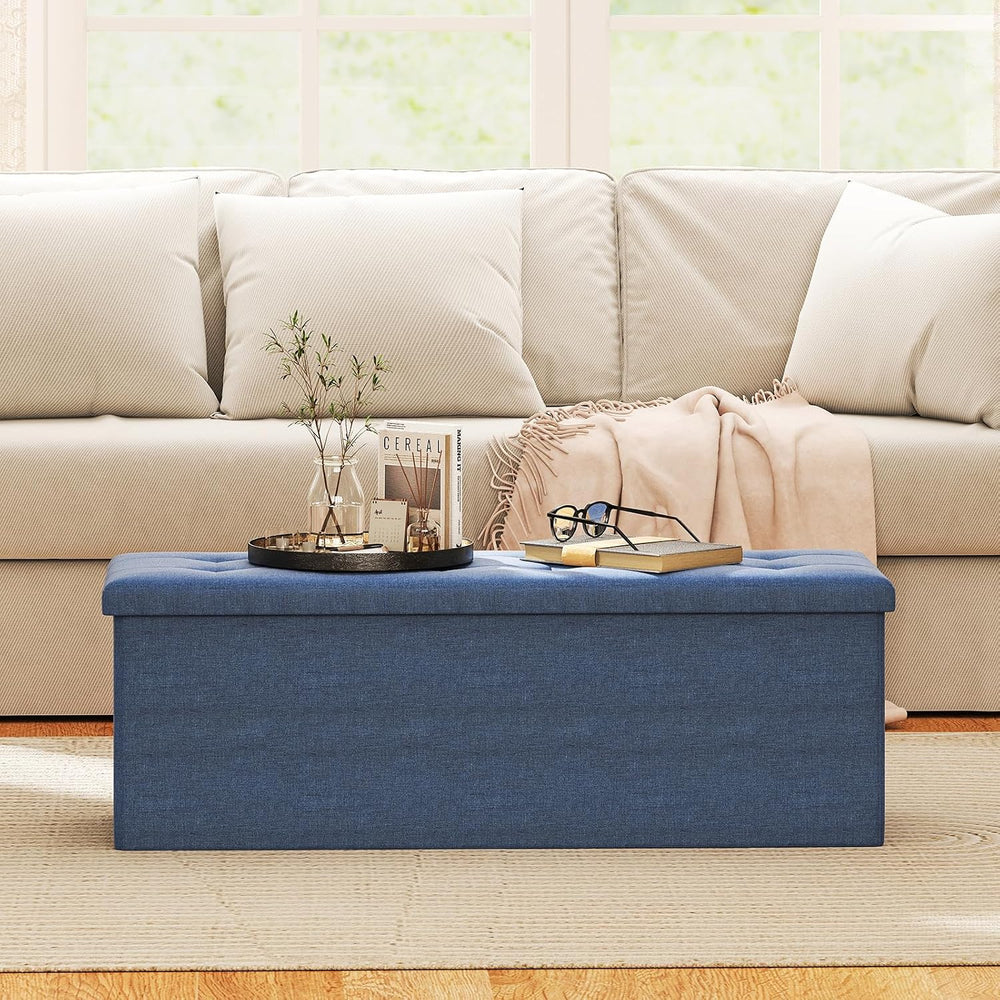 GOFLAME 43 Inches Folding Storage Ottoman Bench, Linen Fabric End of Bed Benc...