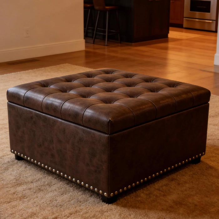 Brown PU Leather Large Square Storage Ottoman with Nailhead Trim for Living Room,30" Vintage Faux Leather Upholstered Ottoman Coffee Table,Tufted Ottomans with Storage and Seating